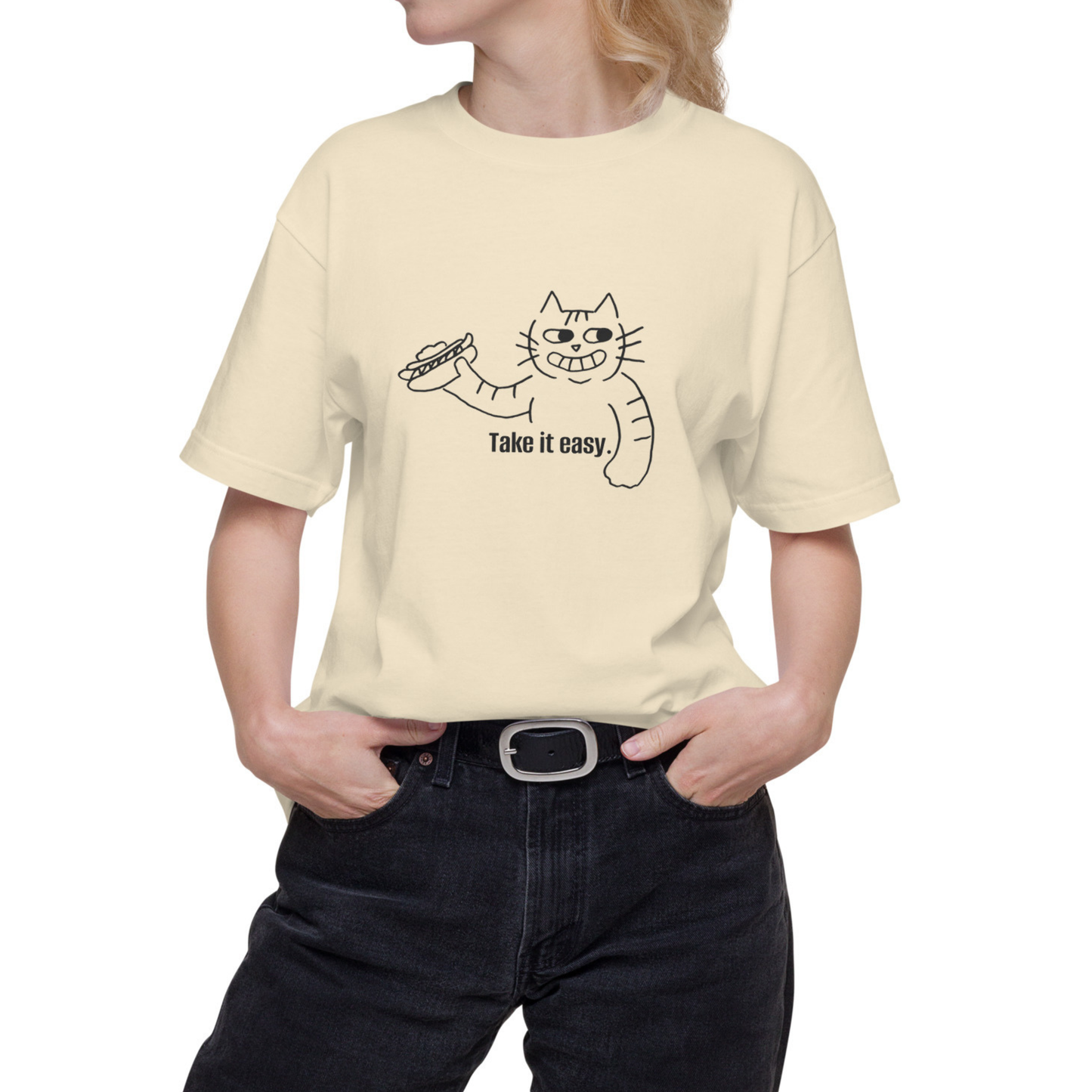 猫Tシャツ|Take it easy|ミニマル線画(J)