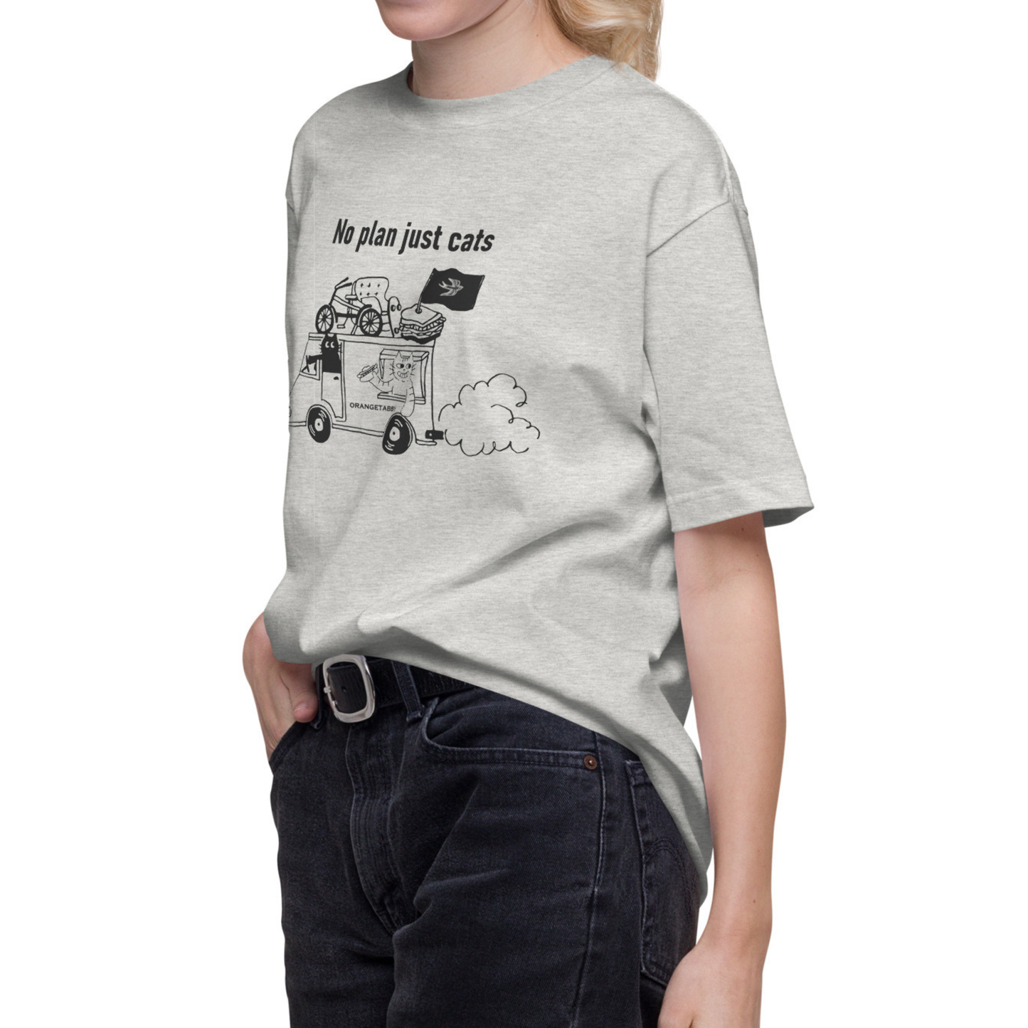猫Tシャツ｜No Plan Just Cats｜モノクロライン　猫とキッチンカー