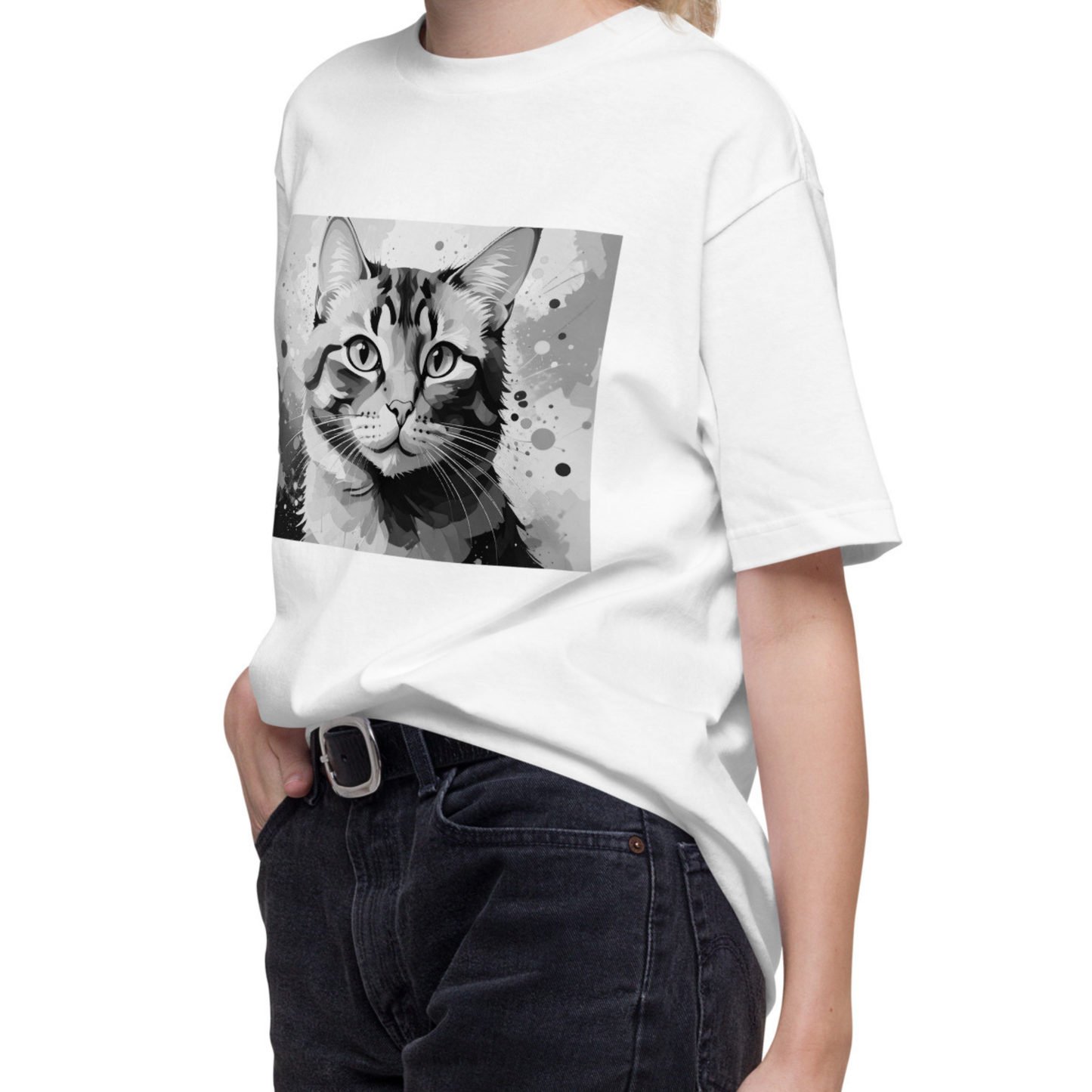 猫Tシャツ｜Stay Curious｜モノクロ猫アート