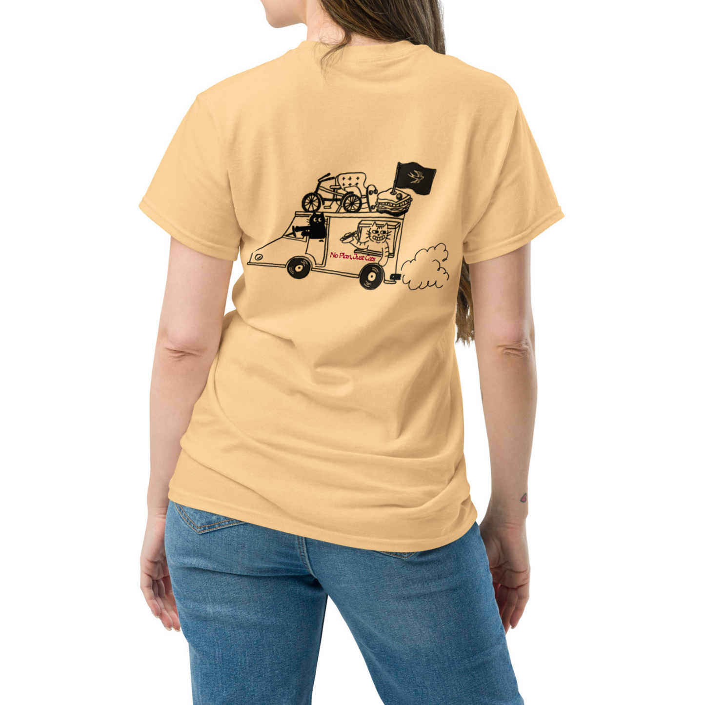 【バックプリント】猫ロードトリップTシャツ｜No Plan Just Cats｜アートデザイン