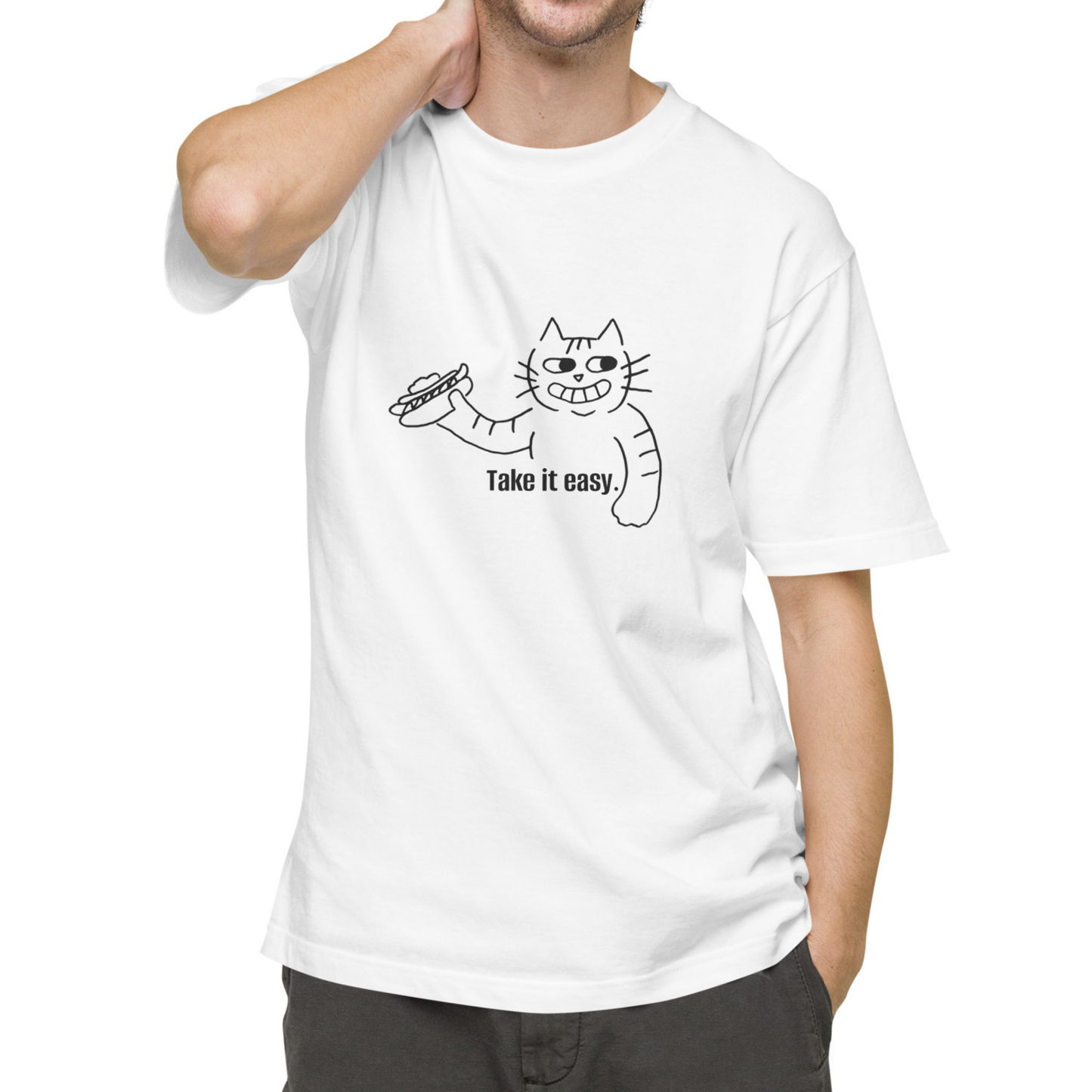 猫Tシャツ｜Take it easy｜ミニマル線画(J)