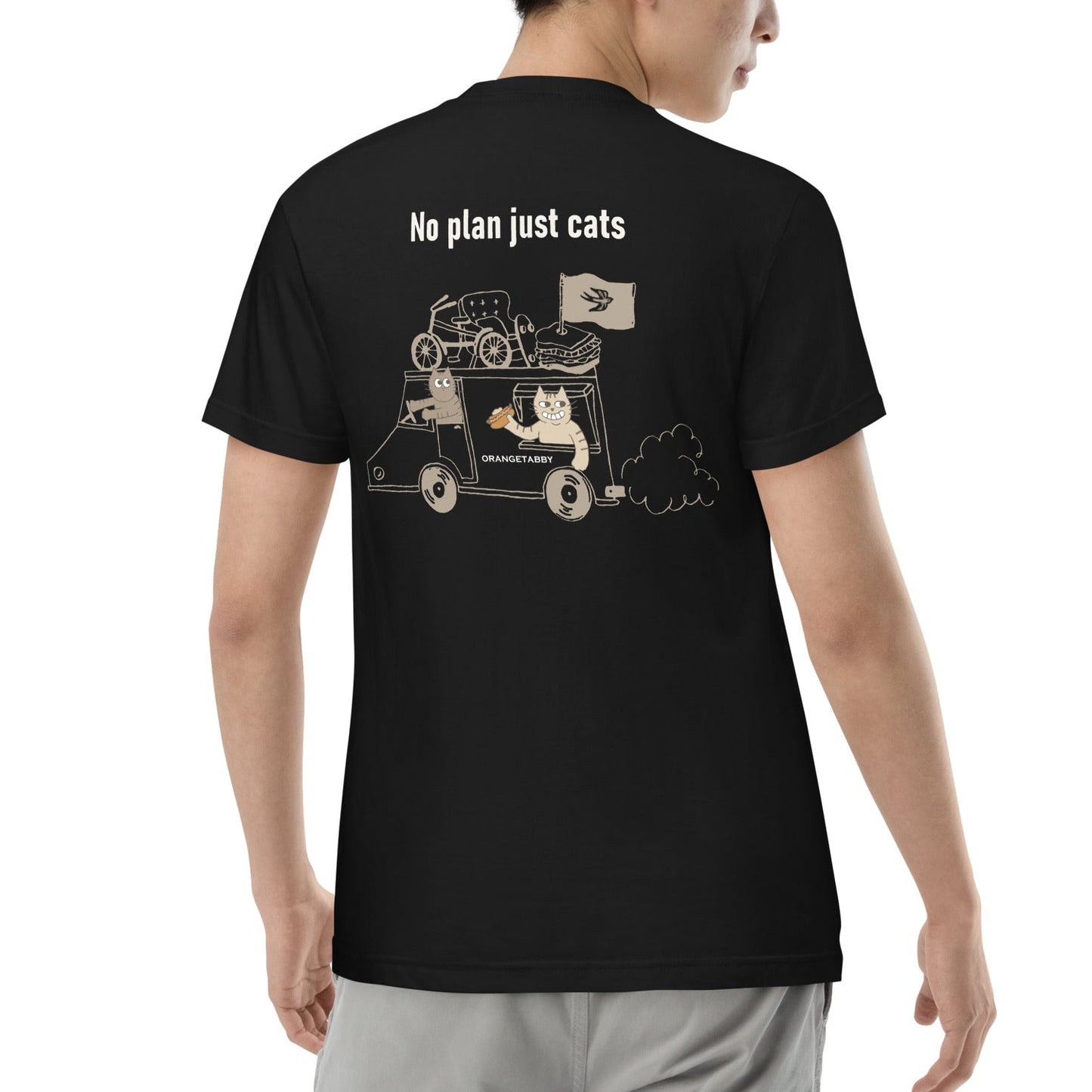 【バックプリント】猫Tシャツ｜No Plan Just Cats｜ヴィンテージカラー 　猫とキッチンカー