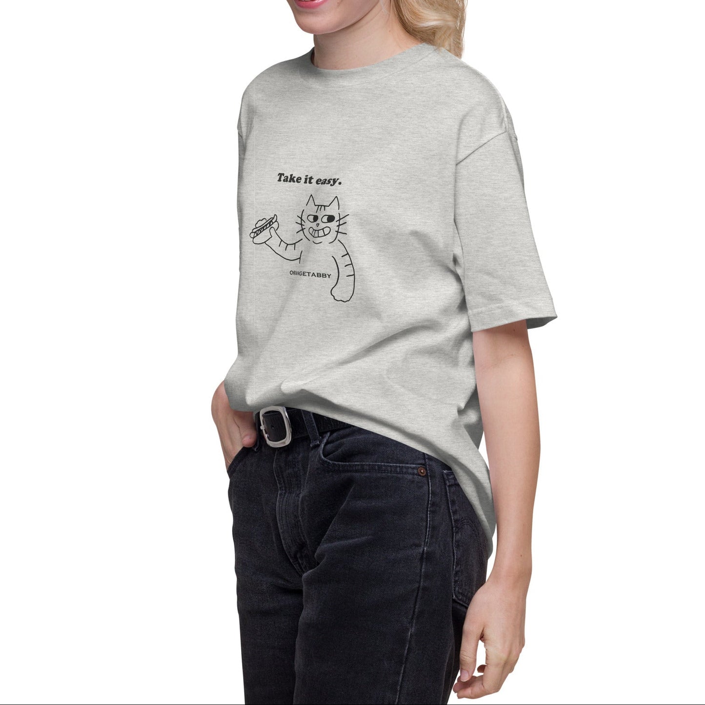 猫Tシャツ｜Take it easy｜ミニマル線画(J)