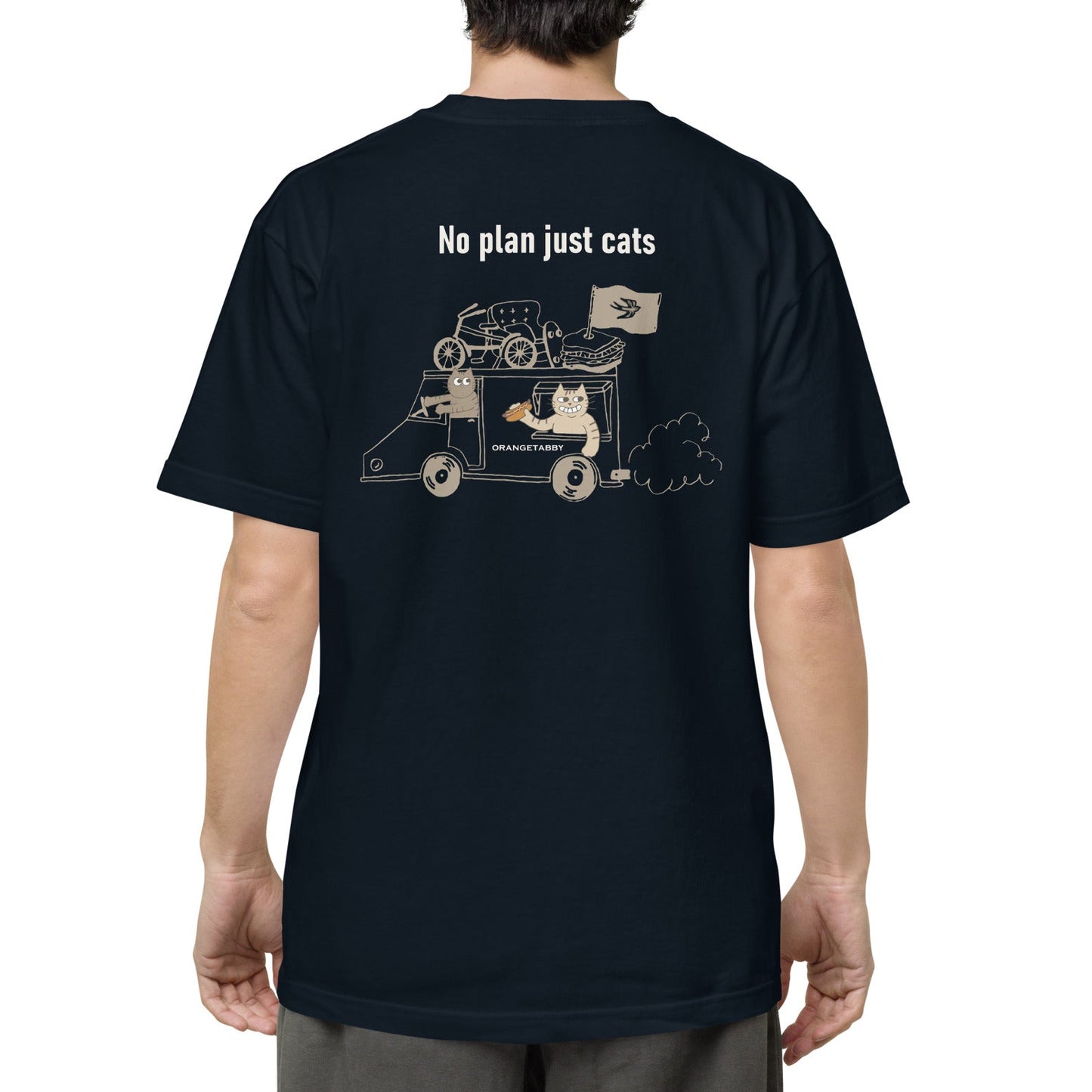 【バックプリント】猫Tシャツ｜No Plan Just Cats｜ヴィンテージカラー 　猫とキッチンカー