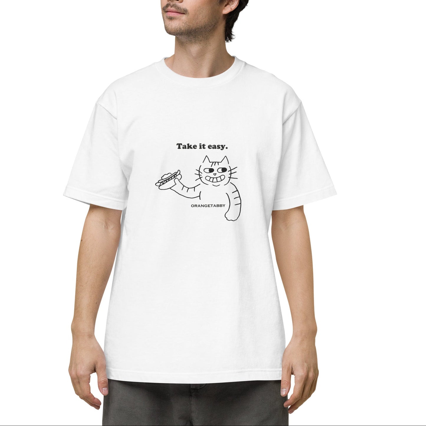 猫Tシャツ｜Take it easy｜ミニマル線画(J)