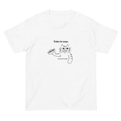猫Tシャツ｜Take it easy｜ミニマル線画(J)